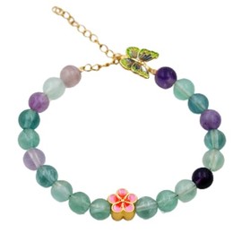 Yongxu With Green Butterfly and Red Cherry Blossom White Opal Stone Bead Adjustable Bracelet Charms Stylish Jewelry for Women and Girls Birthday Valentine's Day Gift