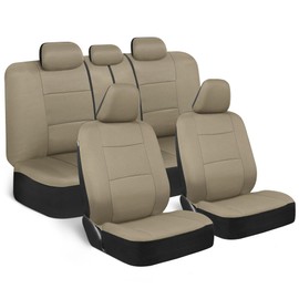 BDK OS-309-AB Tan Trim Black Car Seat Covers Full 9 Piece Set, Sleek & Stylish, Split Option Bench 5 Headrests Front & Rear Bench, Beige