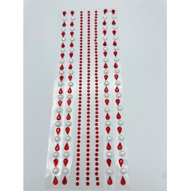 Syntego Assorted 26cm Red Self Adhesive Acrylic Teardrop Gems and Pearls Embossed Strips Mini Crystal Embellishments for Scrapbooking