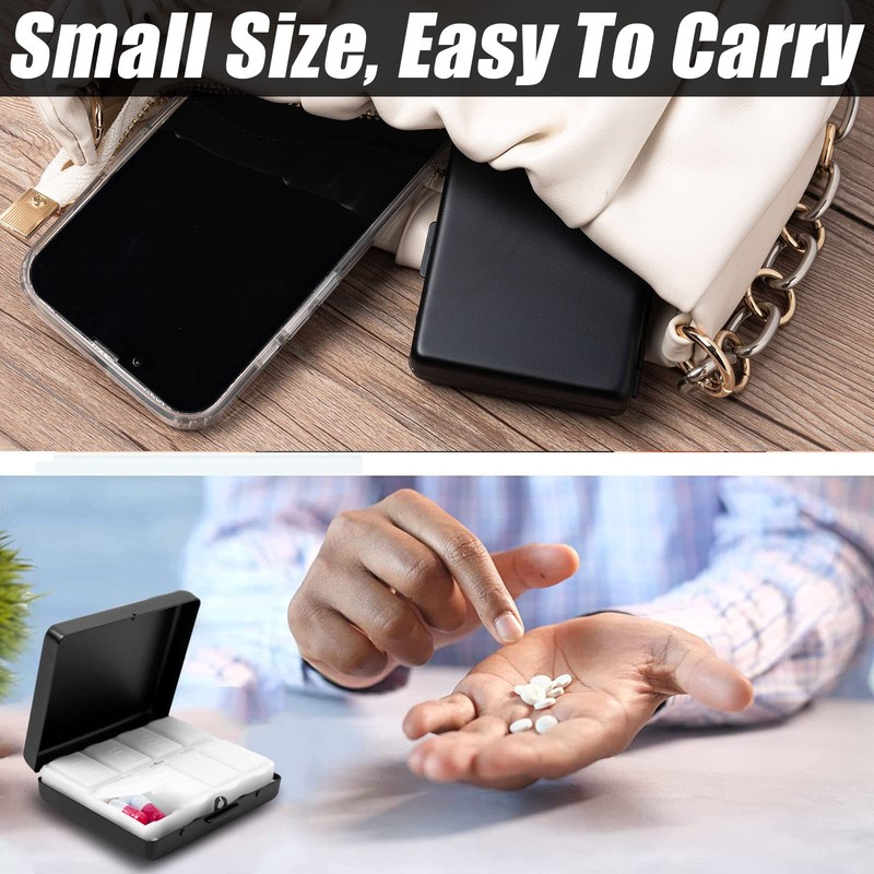 Simple Square Metal Portable Pill Box with 8 Compartments (Black)