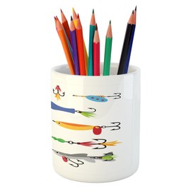 Lunarable Fishing Pencil Pen Holder, Elements of Fishing Line with Stringer Net Bite Indicators Worms Waders Hunt Image, Printed Ceramic Pencil Pen Holder for Desk Office Accessory, Multicolor
