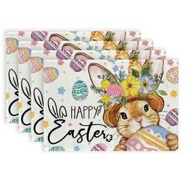DineDia Easter Placemats 18x12 Inches Set of 4, Bunny Egg Floral Table Decor, Spring Burlap Farmhouse Indoor Outdoor Holiday Decoration Mats for Home Party DP068-4
