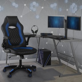 Aon Archeus Gaming Style Computer Desk Chair, Built-in Lumbar Support, Flip-Up Arm, Lock/Tilt 360 Swivel, 300 lb. max - Black & Blue
