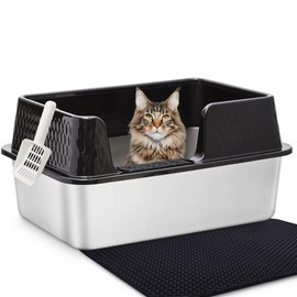 Vealind Stainless Steel Cat Litter Box High Sided Metal Cats Litter Pan Tray Enclosed with Scoop Mats Non-Sticky Anti-Leakage Easy Cleaning Kitty Litter Boxes