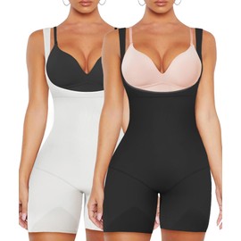 VVX Shapewear for Women Tummy Control Open Bust - 2 Piece Body Shaper Butt Lifting Seamless Bodysuit High Waist Fajas - Black+White 3XL/4XL