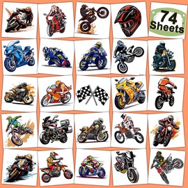 CHARLENT Temporary Dirt Bike Tattoos for Kids Party Supplies - 74 Individual Sheets Motorcycle Tattoos for Boys Motocross Birthday Party Gifts Goodie Bag Fillers