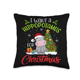 I Want A Hippopotamus For Christmas Xmas Design I Want A Hippopotamus For Christmas Xmas Hippo for Kid Women Throw Pillow, 16x16, Multicolor