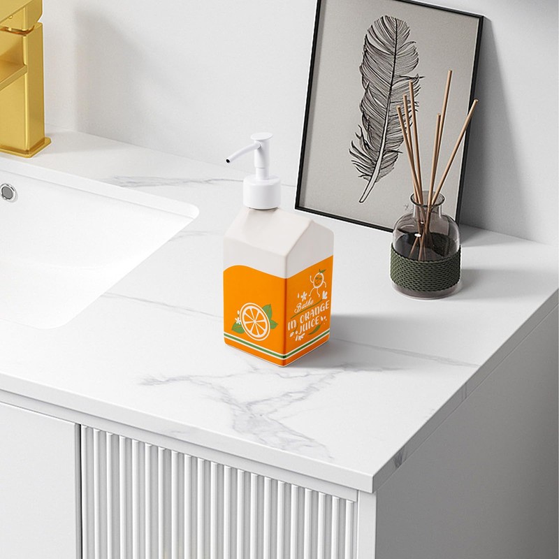 Amorettise Ceramic Orange Juice Bottle Soap Dispenser, Refillable Lotion Pump