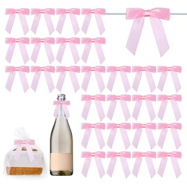 100 Pack Pink Satin Twist Tie Bow Package Decorating Ribbon Bow Pre Tied Bows Premade 3'' Mini Pink Satin Ribbon Twist Tie Bows for Gift Wrapping Treat Bags Party Decor DIY Crafts Wedding Favors