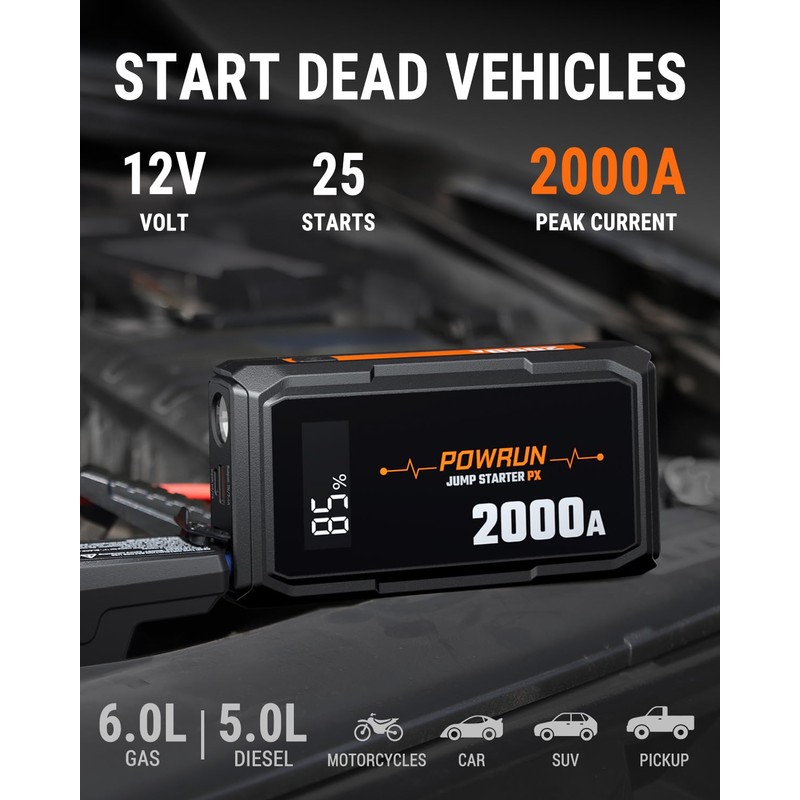 Powrun P-X Jump Starter, 2000A Portable Jump Box - Car