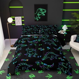 QOOMO Jurassic Dinosaur Kids Bedding Set, Black, Twin Size