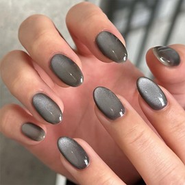 Short Oval Press On Nails Gray Round Fake Nails Glossy Black Glitter Almond False Nails Glue on Nails Full Cover Shiny Acrylic Nails for Women Nails Art Decoration 24Pcs