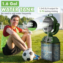 Portable Misting Fan for Outdoor Patio, 20000mAh Rechargeable Battery Operated Camping Fan with 1.6 Gal Bucket, Strong Winds, 4 Large Spray Outlets, for Fishing/Travel/Garden Party/Golf/Tent, Green