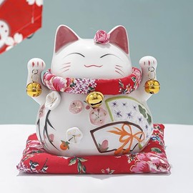 KIUINNO Lucky Cat Ceramics Maneki Neko Waving Arm Chinese Feng Shui Decor Fortune Good Luck Piggy Bank Cat Figurine