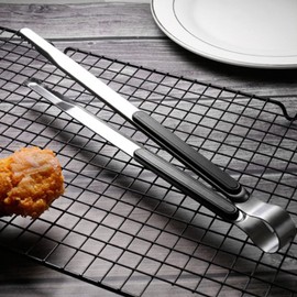 Barbecue Tongs Teeth Kitchen Cooking Tongs 25.5cm Solid Stainless Steel Easy to (Black)