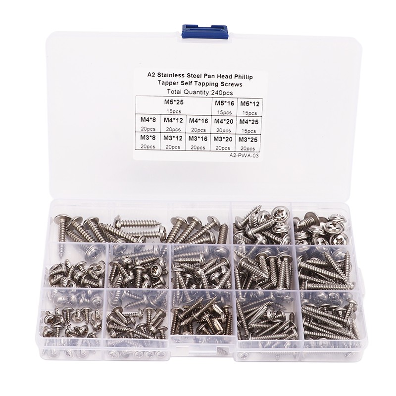 240Pcs Self Tapping Screws Cross Pan Head Stainless Steel M3