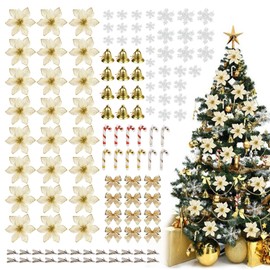 SMARTABL Christmas Decoration Ornaments 120-Piece Set, Artificial Flowers with Clips, Poinsettia Christmas Tree Decorations, Christmas Wreath Decorations, Sparkling, for Home, Store, Entrance