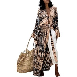 Chunoy Women Loose Tie Dye Kimono Cardaigan Lightweight Open Front Caftan Sleeve Long Beach Cover Up Black Apricot