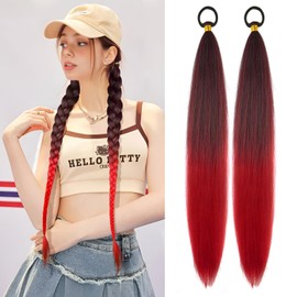 LyoRuSi 2 Pack Braid Ponytail Extension with Elastic Tie Straight Sleek Wrap Around Braid Wig Ponytail Black Red gradient 26 Inch (Black/Red)