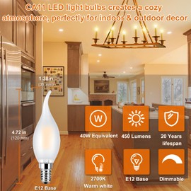 Ivyemons Dimmable CA11 E12 LED Candelabra Bulb, 40W Equivalent Frosted Chandelier Light Bulb, 4W 2700K Warm White 450LM CA11 Flame Tip Vintage Filament Candle Light, 6 Pack