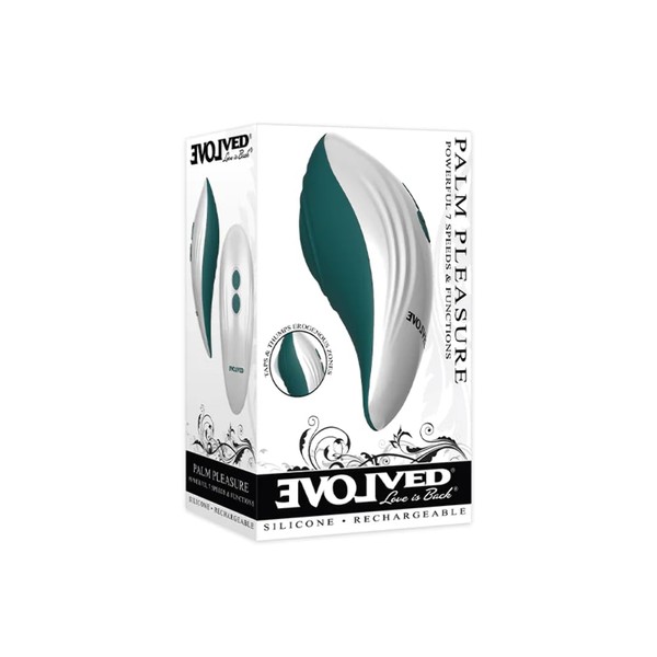 Evolved Love Is Back - Palm Pleasure Powerful 7 Speeds & Functions Silicone Rechargeable Stimulator - Teal/White