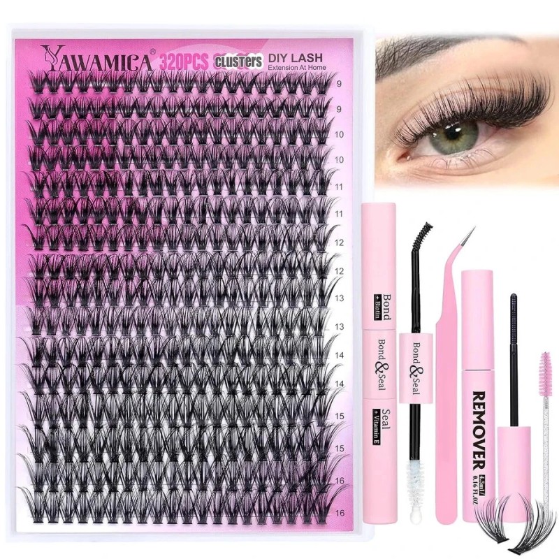 DIY Eyelash Extension Kit 320Pcs Lash Cluster D Curly 9-16Mm