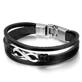 Flongo Leather Bracelet, Partner Bracelet, BFF Bracelets, Friendship Bracelet for 2, Bangle, Leather Cord Chain, Women / Men, Black, Brown, Tai Chi, Yin and Yang, Infinity, Eternity, Alloy, Infinity Black