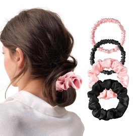 4Pcs Silk Scrunchies for Women, Silk Hair Ties No Damage 2 Big & 2 Small, Soft Non-Slip Satin Sleepy Tie Scrunchie (Fashion Black & Pink)
