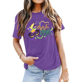 Mardi Gras Shirt for Women Carnival Party Costume Mask Fleur-de-lis Graphic Casual Short Sleeves Tee Tops-Purple L