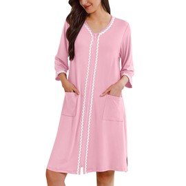 Ekouaer Zipper Robes for Women 3/4 Sleeves Lightweight House Coat Zip Up Bathrobe Soft Nightgown with Pockets (Pink, Medium)