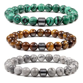 COLORFUL BLING - Pulsera elástica de abalorio de chakra de vidrio, abalorio de yoga, ajustable, piedra natural, malaquita volcánica de 8 mm, pulsera de abalorio hecha a mano, pulsera elástica de meditación, regalo espiritual, Fibra sintética Metal, Aleac