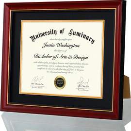 Luminary 11x14 Wood Diploma Frame with 8.5 x 11 Opening Black Mat for College Degree Certificate Document, Cherry Red Wooden Frame with Tempered Glass Panel for Wall or Tabletop Display