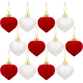 Lunmon 12 Pcs Valentine's Day Velvet Heart Ornaments Valentines Heart Decorations Red White Heart Shaped Baubles Valentine's Day Tree Hanging Decorations