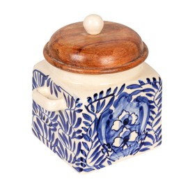 Creative Co-Op, Blue Stoneware Canister with Design, Lid and Spoon, Cream, Natural, 5.5" H