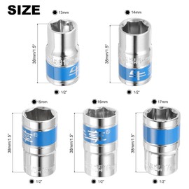HARFINGTON 5pcs 1/2 Inch Drive 6-Point Socket 13-17mm CR-V Metric Shallow Socket Electric Wrench Socket for Mechanical Auto Repair, Silver Tone & Blue