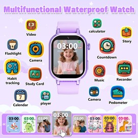 Wiszodet Kids Waterproof Smart Watch Girls Gift Age 3-12 with 39 Game HD Touch Screen Music Player Video Camera Pedometer Alarm Clock Birthday Gift for 6 7 8 9 Year Olds Purple
