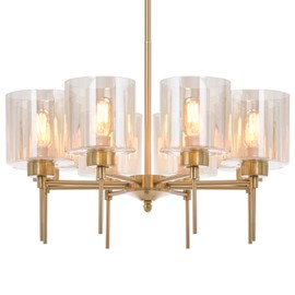 Afirstcght Brass Modern Chandeliers, Metal 8-Lights Chandelier Light Fixture with Amber Glass Shade, Hanging Pendant Lighting for Living Room, Dining Room, E26