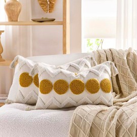YULUOSHA 2-Piece Set Decorative Boho Throw Cushion Covers, Soft Plush Couch Cushion Covers for Home, Lumbal Woven, Natural Beige Cushion Case, Textured Striped Woven (Yellow, 50 x 30 cm)