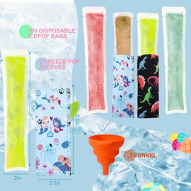 FEBSNOW 100 Disposable Ice Popsicle Bags with 2 Popsicle Sleeves, Neoprene Freezer Ice Pop Holder and Freezer Tubes with Zip Seals for Snacks, Yogurt Sticks Fruit Smoothies Comes with A Funnel
