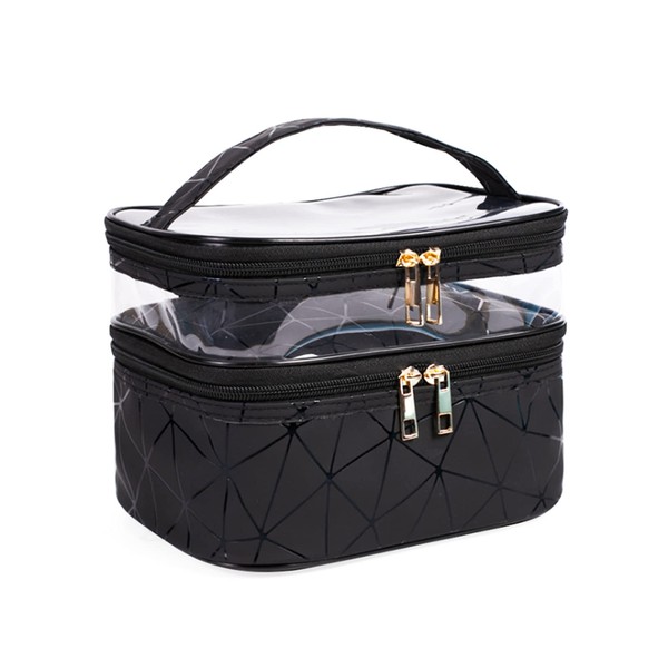 BAYINBROOK Portable Double Layer Makeup Bag Waterproof Toiletry Bag Large Capacity Travel Cosmetic Bag Cosmetic Bag with Brush Compartment, black 3, Modern Fashion