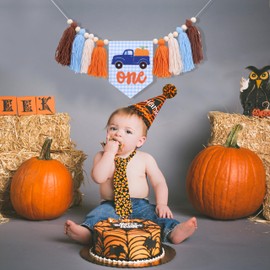 Pumpkin 1st Birthday High Chair Banner for Boys - Boy Blue Truck Pumpkin First Birthday Decorations, Our Little Pumpkin Is Turning One Birthday Highchair Banner, Fall 1st Birthday Decor