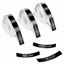 3D Embossing Device Labels - 3/8 Inch (9 mm) Compatible with Phomemo, DYMO Omega, DYMO Junior, Goknu, LabelCenter, VolenGo, Embossing Device E975 Embossing Tape, 3D Plastic Labels, 3 Pack (Black)