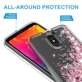LG Q7 Case, LG Q7+ Case, LG Q7 Plus Case with Tempered Glass Screen Protector, Rosebono Quicksand Glitter Sparkly Bling Liquid Shiny Clear Soft TPU Bumper Protective Cover for LG Q7 (Pink)