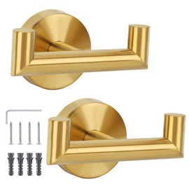 Segus Towel Hooks for Drilling, Pack of 2 Clothes Hooks, Wall Hooks, Stainless Steel, Shower Hooks, Waterproof, Kitchen Hooks, Golden, Wall Hooks for Tea Towel, Bathrobe