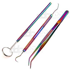 DDP Dental Tools, 3-Pack Dental Hygiene Tool Dental Kit, Mouth Mirror, Dental Pick, Tweezers, Stainless Steel Rainbow Multi-Color