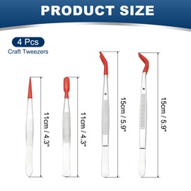 PATIKIL Craft Tweezers with Rubber Tips, 4 Pcs PVC Coated Tweezers Set Long Stainless Steel Bent Straight Flat Tip for Stamp Sticker Crafts Beads Jewelry Tools, Red 4.3" 5.9"