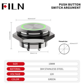 FILN 1 pcs 19MM (3/4'') Momentary Pushbutton Switch Metal Stainless Steel Auto Reset Slim Waterproof Strip with LED Light for Equipment ON/Off and Startup (12~24V Green)
