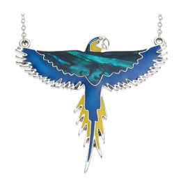 Blue & Yellow Macaw Parrot Necklace in Sterling Silver – Paua Shell Inlay Bird Pendant – Tropical Wildlife Jewellery Gift for Women – 50mm Wide Statement Necklace