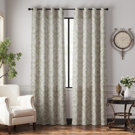 jinchan Linen Textured Curtains for Living Room Darkening 96 Inches Long, Medallion Drapes for Bedroom, Damask Pattern Window Treatments Vintage Curtain Panels, 2 Panels Sage Green on Greige