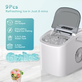 EUHOMY Countertop Ice Maker Machine with Handle, 26lbs Per Day, 9 Ice Cubes Ready in 6 Mins, Auto-Cleaning Portable Ice Maker with Basket and Scoop, for Home/Kitchen/Camping/RV (White)
